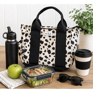 Fit + Fresh Insulated Lunch Tote Bag Leopard Print Black White Zippered Travel